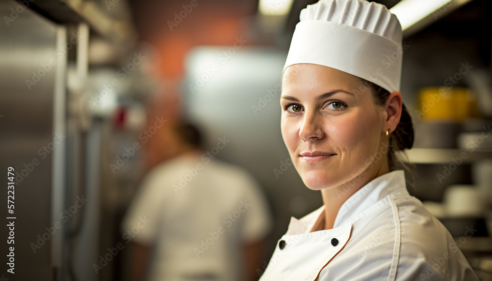 Expertly Prepared Dish by Photogenic Woman in High-End Restaurant Kitchen. AI