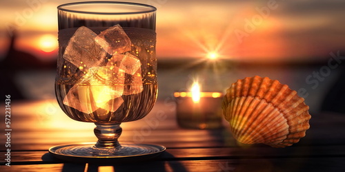  glass of orange water with ice and seashell on wooden table on sunset at sea beautiful summer seascape generated ai photo