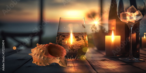  glass of orange water with ice and seashell on wooden table on sunset at sea beautiful summer seascape generated ai