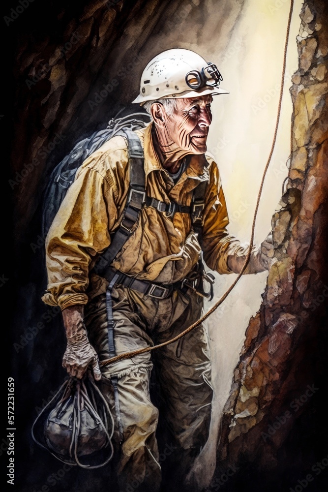 Obraz premium Adventurous Elderly Caver with Rope, Grandfather Spelunking, Exploring Cave holding handline, Outdoor Active People Illustration [Generative AI]
