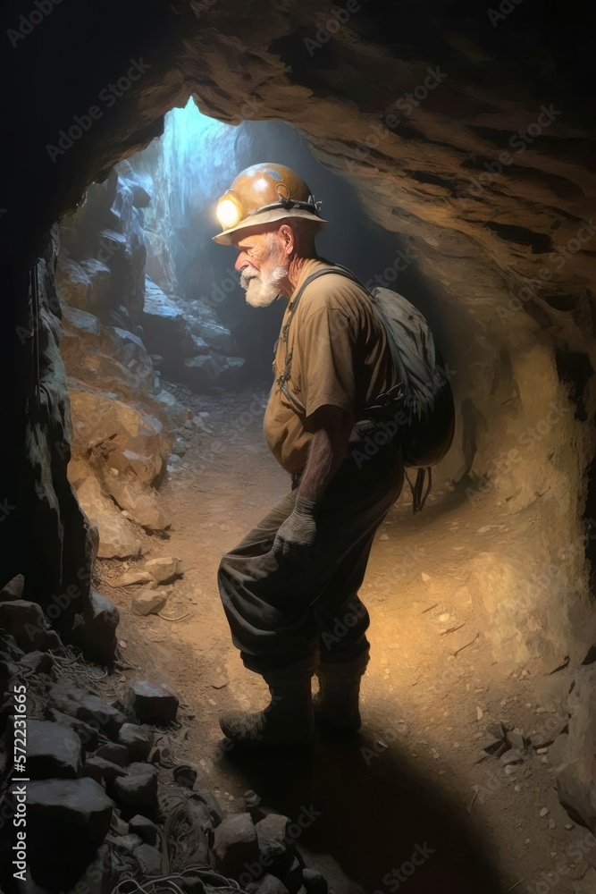 Adventurous Elderly Caver, Grandfather Spelunking, Exploring Cavern or Mine, Outdoor Active People Illustration [Generative AI]