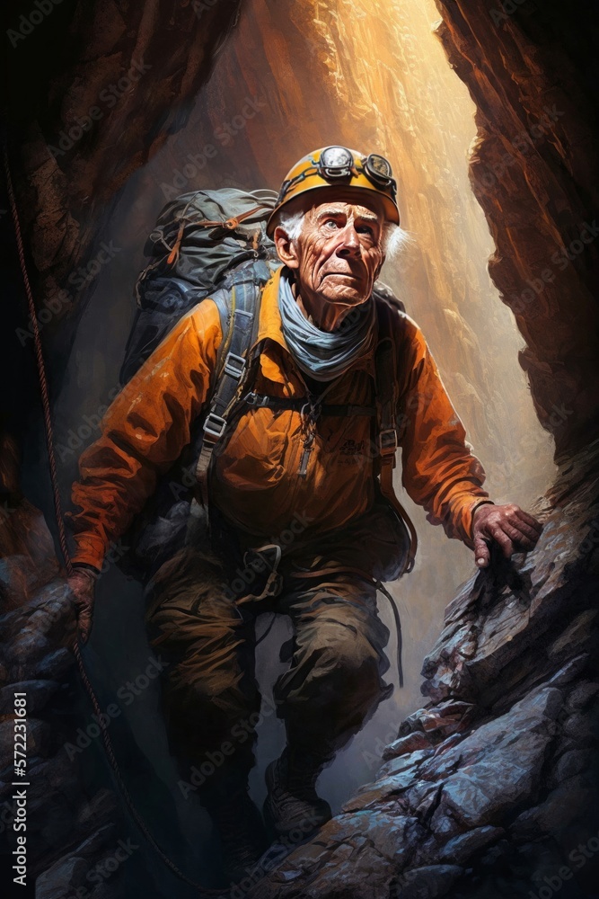 Fototapeta premium Adventurous Elderly Caver, Athletic Grandfather Spelunking, Exploring Cave, Outdoor Active People Rappelling, Rock Climbing, Canyoneering Illustration [Generative AI]
