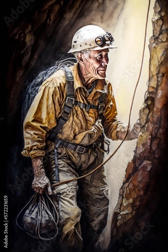 Adventurous Elderly Caver with Rope, Grandfather Spelunking, Exploring Cave holding handline, Outdoor Active People Illustration [Generative AI] photo