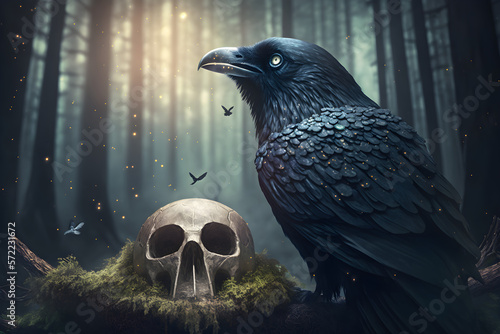 Black Raven with a skull in a gloomy forest, horror aesthetics, spooky black raven with a skull created by Generative AI technology