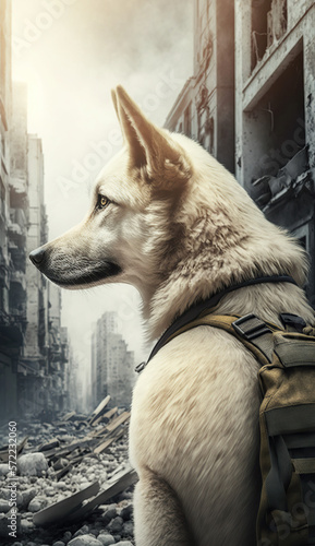 Rescue dog with vest watching city destroyed by earthquake. heroic image. Dog saving lives. Space for text