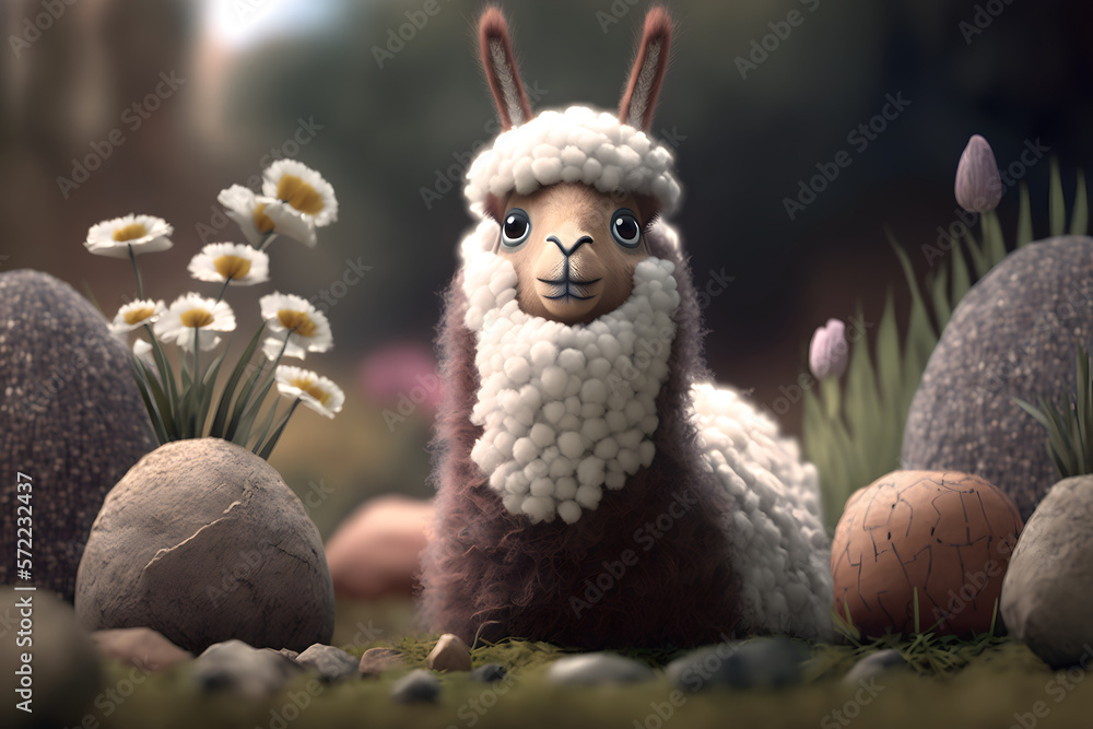 Obraz premium easter Lama with eggs, generative ai