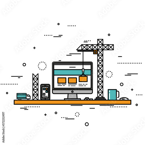 Thin line flat design website under construction, web page building process, website layout and interface button menu are developing. Modern concept vector illustration isolated on white background