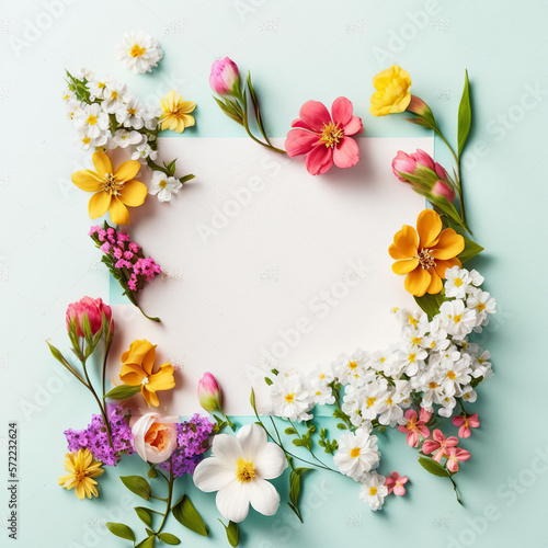 Variety of beautiful spring flowers with blank space to place text.