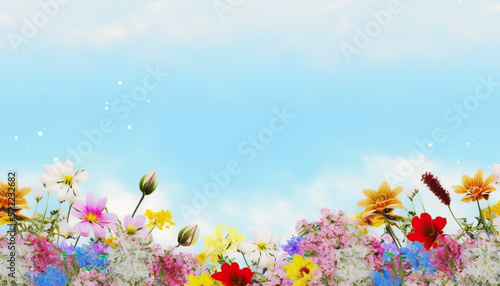 Variety of beautiful spring flowers with blue sky in the background to place text.