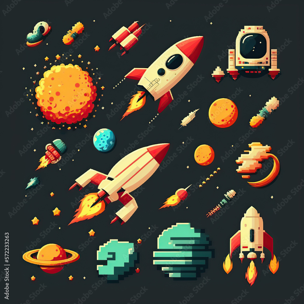 Naklejka premium Pixel art assets space 16 bits, 8 bits, Retro, vintage