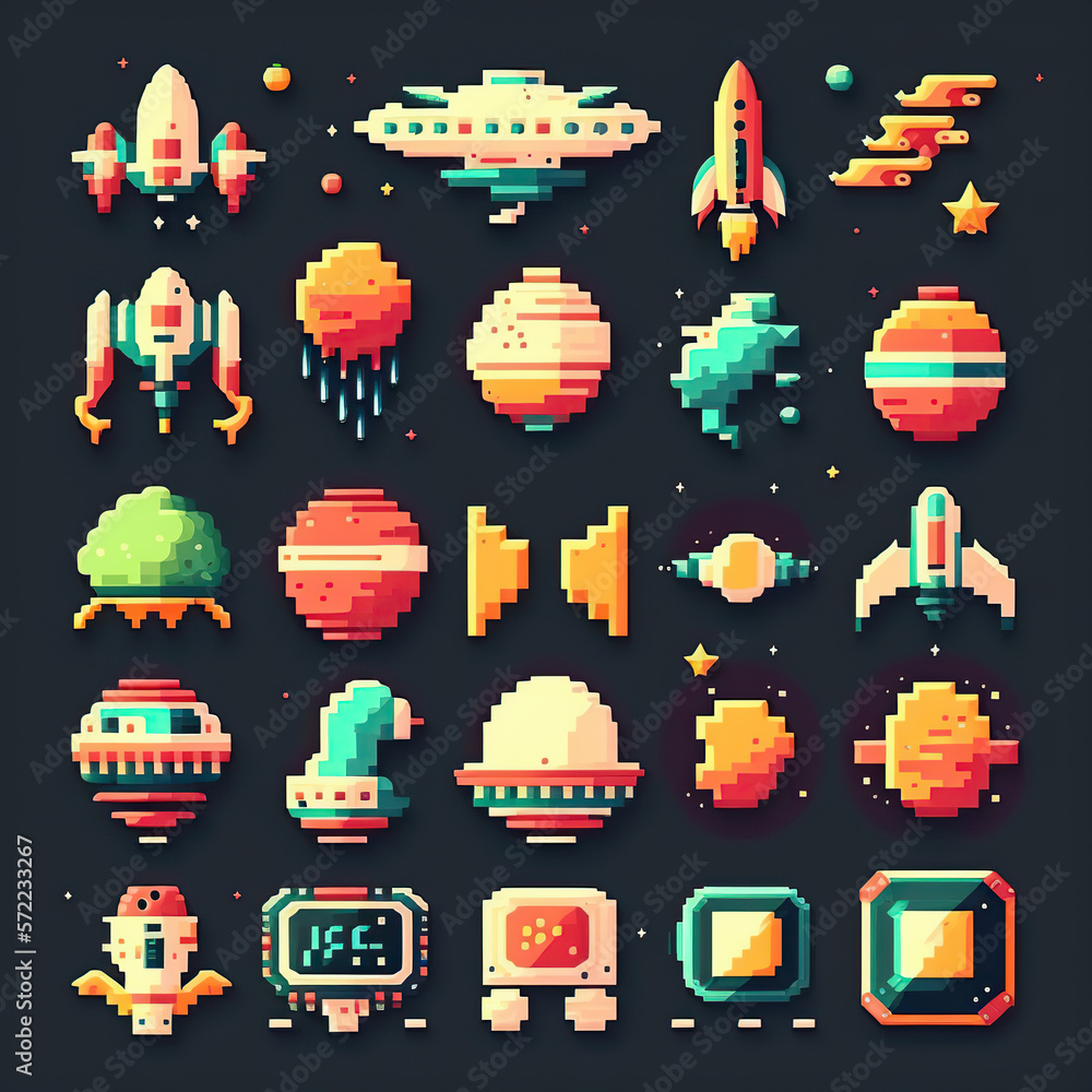 Pixel art assets space 16 bits, 8 bits, Retro, vintage Pixel art assets space 16 bits, 8 bits, Retro, vintage