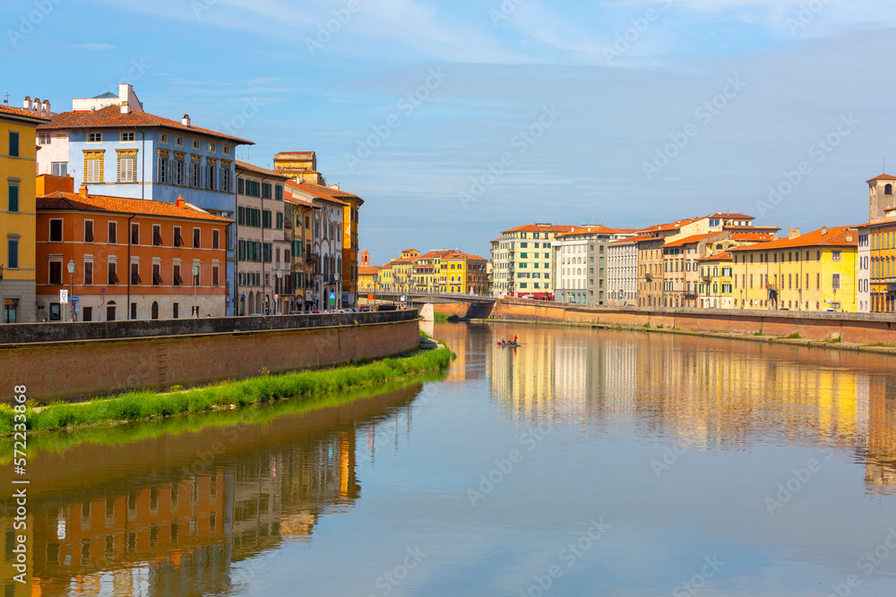 View on Arno river and colorful building, Pisa, Italy