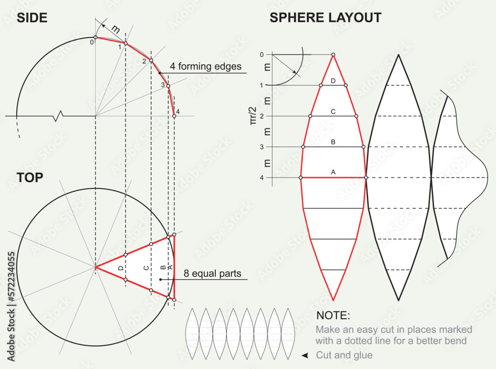 Unfolding 3D ball figure. Descriptive geometry, plan scheme for sphere