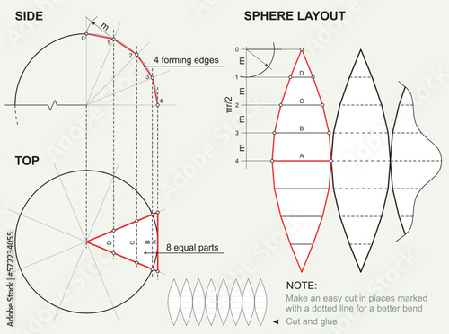 Unfolding 3D ball figure. Descriptive geometry, plan scheme for sphere layout. Technical drawing on orthogonal projections. Unwrapping globe shape. Engineering graphics educational poster. Vector