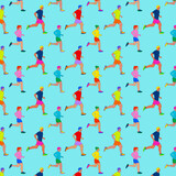 Grid pattern of people running on a blue background