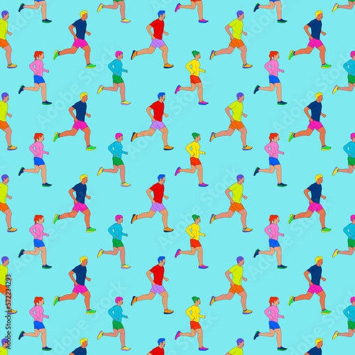 Grid pattern of people running on a blue background
