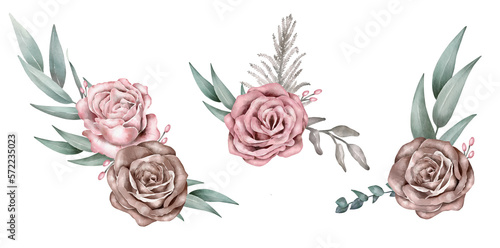 Watercolor Floral set of bouquets. Roses and leaves.