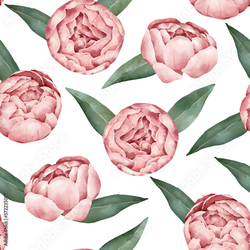 Watercolor Floral Pattern. Peonies and leaves.