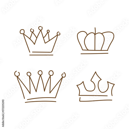 Doodle crowns. Line art king or queen crown sketch collection 