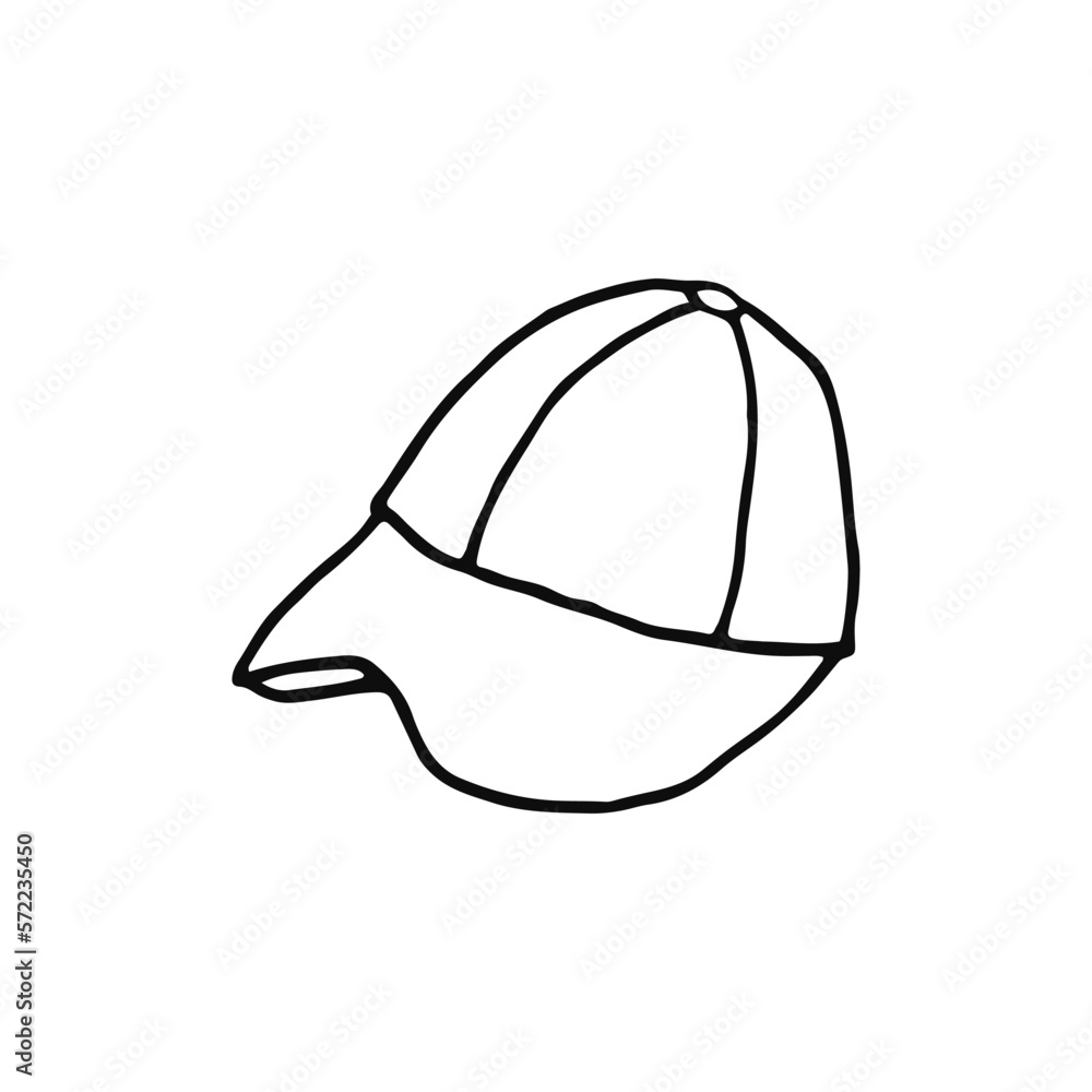 Baseball cap. Sports headdress, consisting of a large visor and a high crown. Doodle. Vector illustration. Hand drawn. Outline. Baseball cap. Sports headdress, consisting of a large visor and a high crown. Doodle. Vector illustration. Hand drawn. Outline.