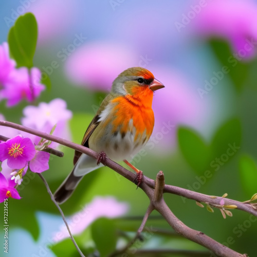 Tiny finch on a branch with spring flowers. Generative AI © Sergey Ilin