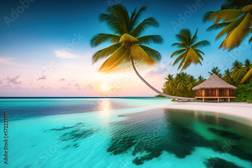 Beautiful seascape tropical beach with white sand  palm tree and bungalow  turquoise water of ocean on sunset. Summer vacation. AI generated.