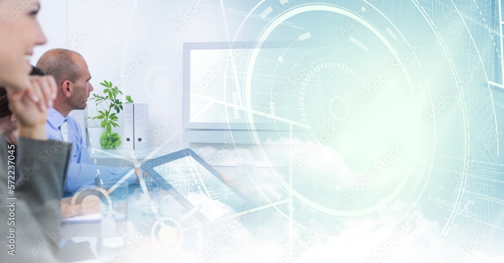 Composition of happy diverse business team in meeting over interface with white circles Composition of happy diverse business team in meeting over interface with white circles