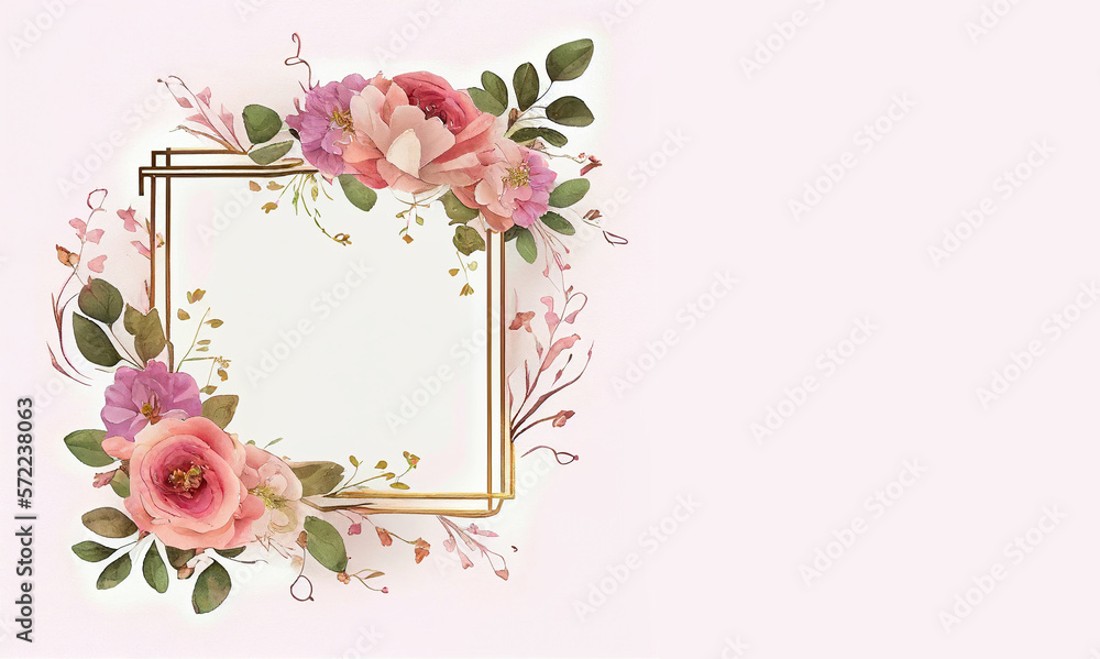 Valentine's Day Frame Decorated with Pink Watercolor Flowers. Elegant Rectangle Design with copy-space Generative AI
