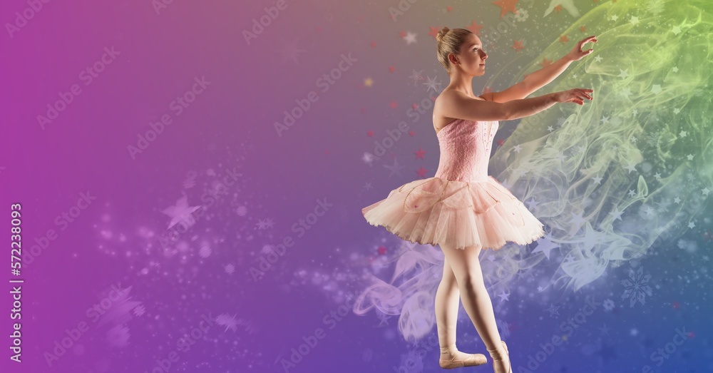 Composition of female ballet dancer in pink tutu with copy space on purple background Composition of female ballet dancer in pink tutu with copy space on purple background