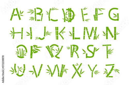 Bamboo font green stick abc English letters alphabet vector flat tropical plant leaves lettering