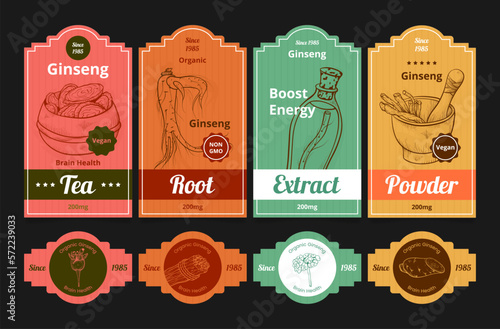 Organic ginseng tea root extract powder label vintage engraved emblem design set vector illustration