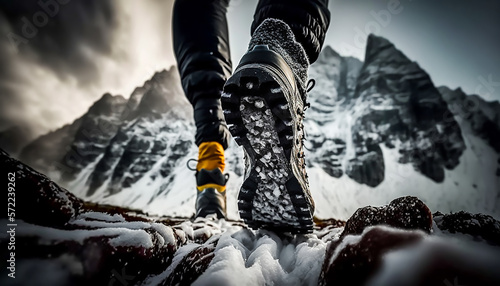 close up sneaker climber climbing up a beautiful mountain on winter season with snow, Generative AI