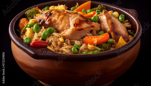 A bowl of fried rice with chicken and mixed vegetables generative AI