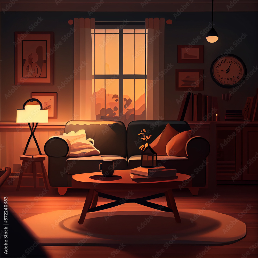 Cozy & Modern Living room at night. AI Generated Illustration Cozy & Modern Living room at night. AI Generated Illustration