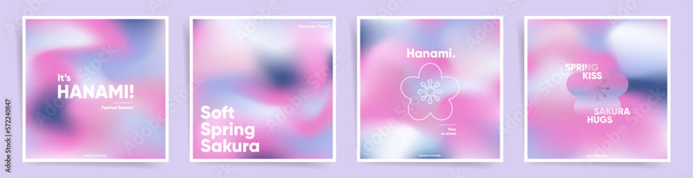 Set of Hanami Spring square post backgrounds. Cute gradient Japanese Spring art design. Post templates, cards or poster covers, social media posts with fashion gradients. Sakura wave layout set. Set of Hanami Spring square post backgrounds. Cute gradient Japanese Spring art design. Post templates, cards or poster covers, social media posts with fashion gradients. Sakura wave layout set.