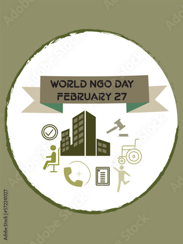 Vector illustration of black color, World NGO day, 27 February text, dark moss green color round shape border around it, drab dark brown color NGO related icons decorated on moss green background.