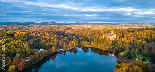 Konopiste medieval castle and Konopistsky water reservoir. Benesov, Czech Republic. Aerial view from drone.