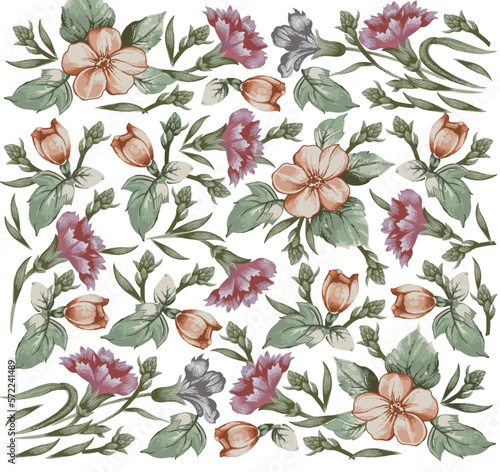 Beautiful blooming realistic isolated pattern carnations flowers. Vintage background fabric. Apple wildflowers. Wallpaper baroque. Drawing engraving sketch Vector victorian style illustration