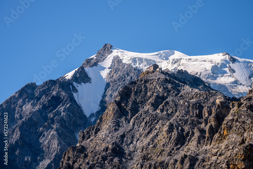 Rocky summit and glacier of Ortler Mountain  3 905 m  and Julius Payer House at normal route. The highest peak of Tyrol and former Austrian-Hungarian empire. Eastern Alps  Italy