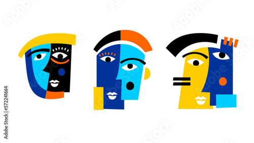 Cubism painting face isolated on white background.