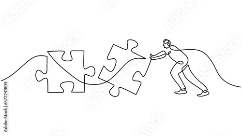 One single line of man push puzzle isolated on white background.