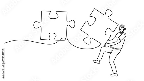 One single line of man bring puzzle isolated on white background.