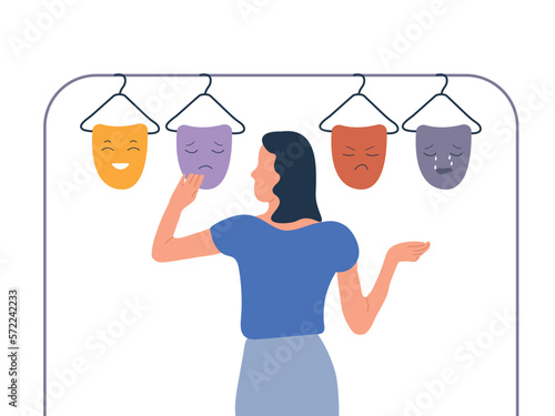 A person with a split personality. The girl chooses an emotion, a mood. Bipolar day or world bipolar day. Vector flat illustration.