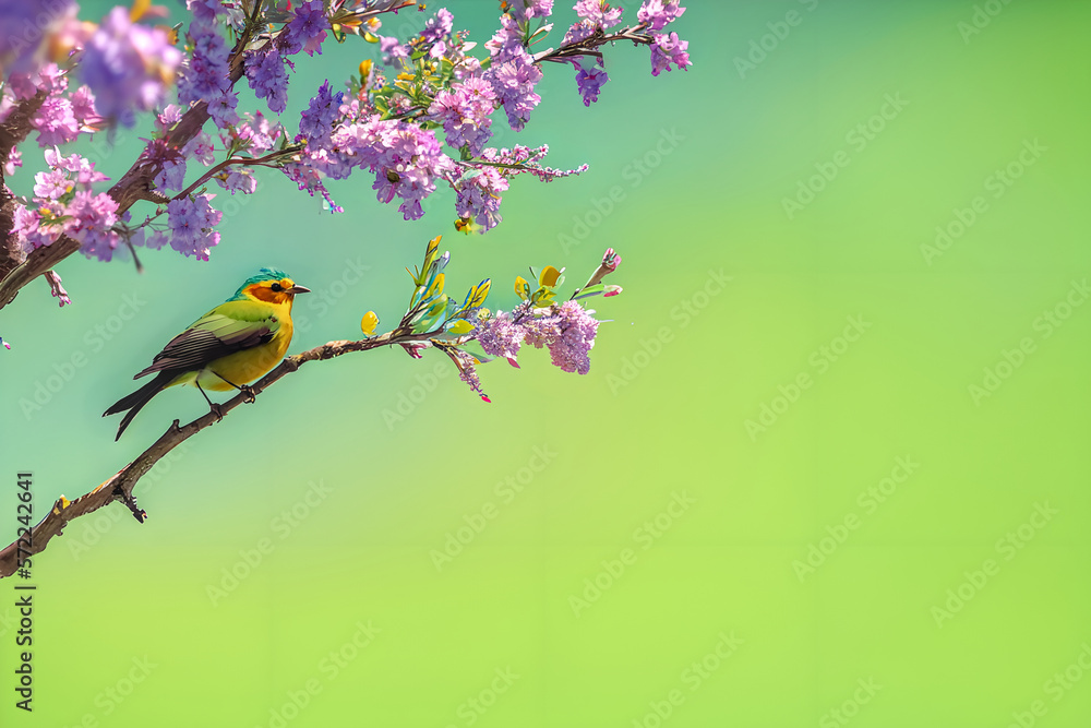 Bird with colorful plumage perched on a branch with pink flowers. Plain green background with empty space for text. Generative AI. Bird with colorful plumage perched on a branch with pink flowers. Plain green background with empty space for text. Generative AI.