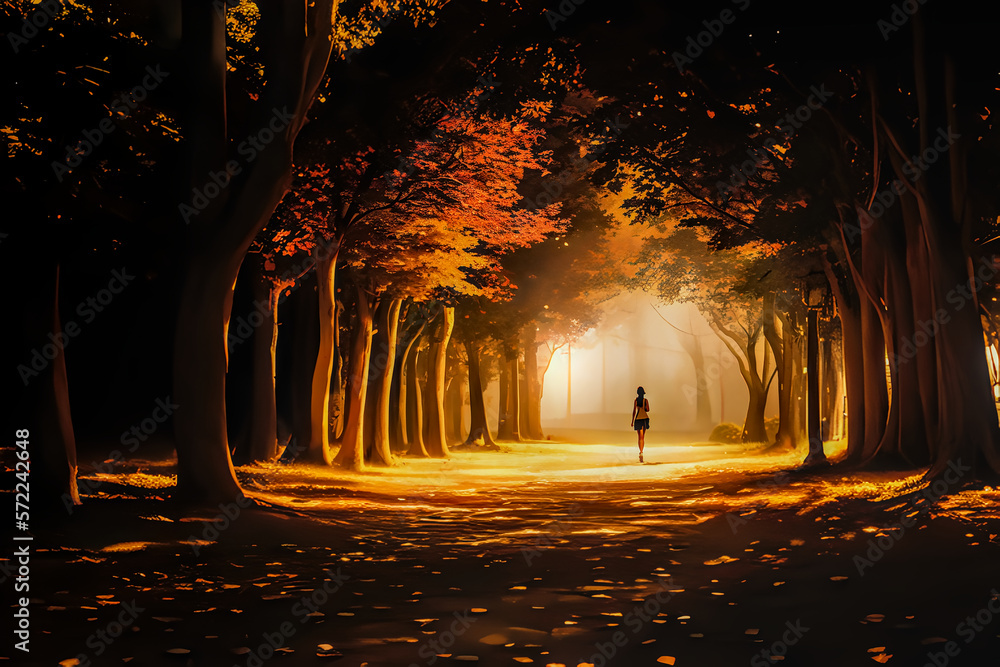 Silhouette of a person walking along a path in a forest. Flanked by trees. Generative AI. Silhouette of a person walking along a path in a forest. Flanked by trees. Generative AI.