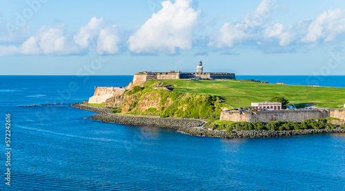 A view towards the harbour entrance and fortifications in San Juan, Puerto Rico on a bright sunny day