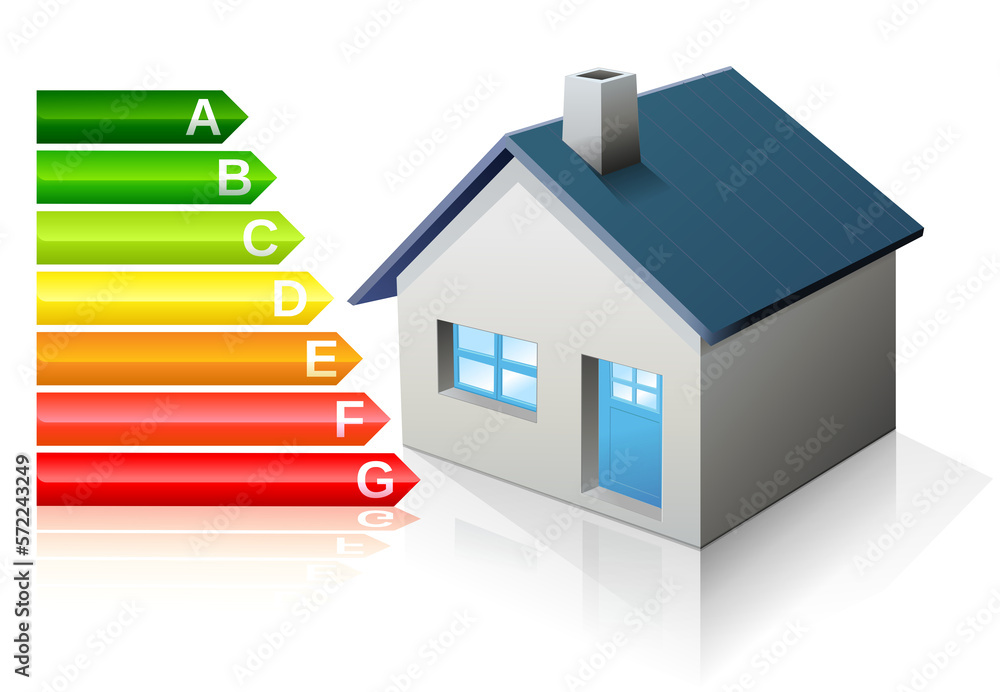 3D small house with a blue door and window and the building energy efficiency classification symbol 3D small house with a blue door and window and the building energy efficiency classification symbol