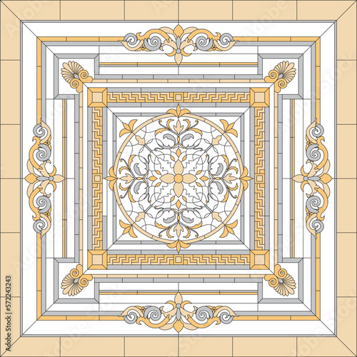 Vector template for stained glass. Greek classic ornament for floor, ceiling..