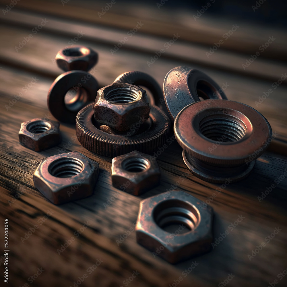 nut and bolt on wooden table HD, can be used for Commerical and