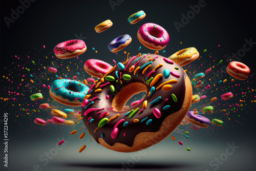 Doughnuts splashed with multicolored toppings and drizzled with chocolate, creating a sweet and indulgent treat © PHOTRIX